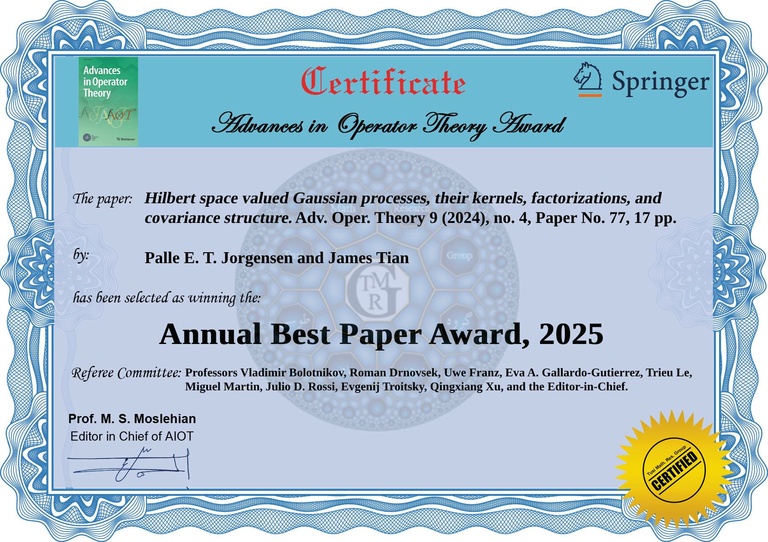 Award for Best Paper by Palle Jorgensen and James Tian