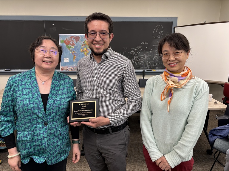 Bor Luh Lin Thesis Award winner, Jose Beltran Lizarazo with Faculty, Tong Li and Xioayi Zhang